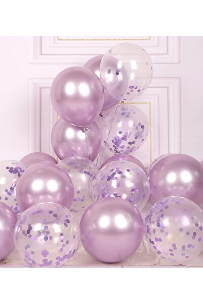 BALON DİYARI 25 Adet Lila, Şeffaf Konfetili Lateks Helyum Balon Seti