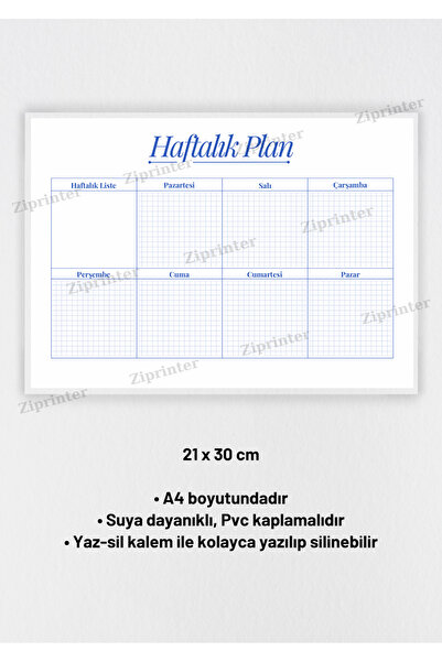 A4 Laminasyonlu Haftalık Plan Çizelgesi- Yaz-Sil Özellikli Kolay Kullanımlı