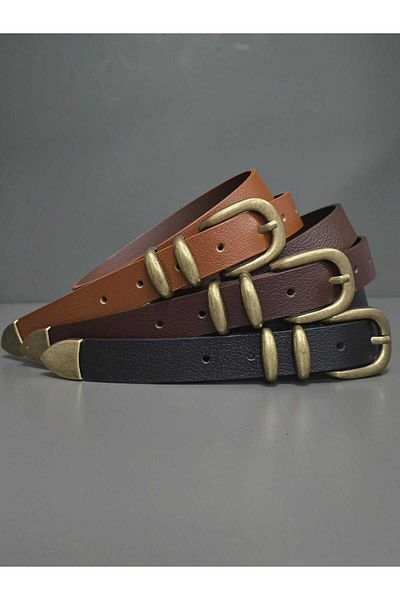 Kemerix 100% Genuine Leather Antique and Tin Finish Tool Buckle Black-Tan-Angle Brown 6-Piece Belt Set