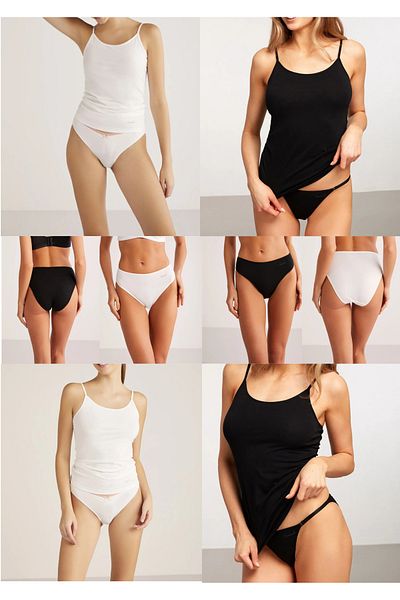 Kom Women's Clothing Set: 2 Black - 2 White Rope Strap Tank Top & Slip