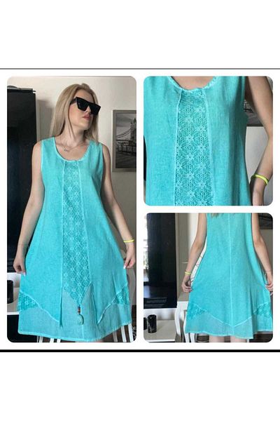 BAHHAR Rochie de damă, albastru turcoaz, fără mâneci, lungime midi, cu decolteu rotund, în stil boem, din bumbac spălat de vară (FĂRĂ CĂPTUȘEALĂ)