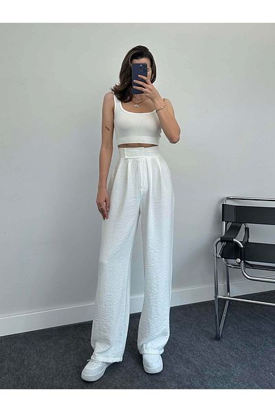 solena sln Women's Velcro Coated Linen Palazzo Trousers