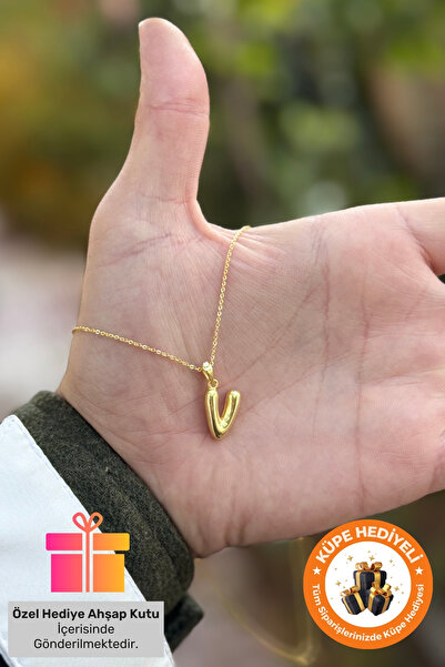 Lucente Jewellery Hediye Kutulu 925 Ayar Altın Gümüş Kaplama 3 Boyutlu Harf Kolye Isim Baş Harfli V Harfi Kolyesi