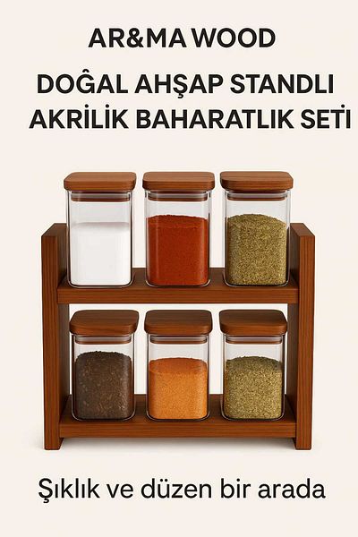 AR&MA WOOD Natural Two-Tier Wooden Spice Rack Set with Stand 6-Piece Transparent Acrylic Spice Rack