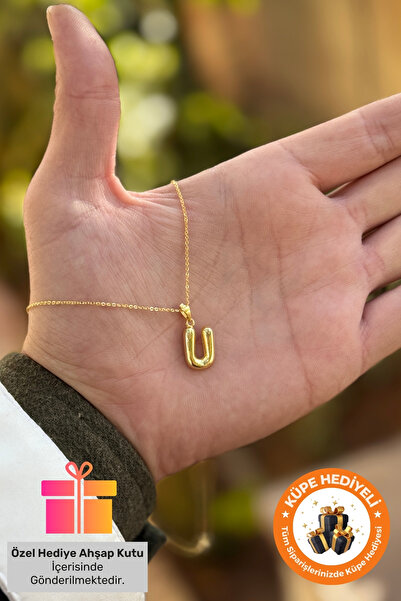 Lucente Jewellery Hediye Kutulu 925 Ayar Altın Gümüş Kaplama 3 Boyutlu Harf Kolye Isim Baş Harfli U Harfi Kolyesi