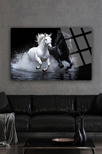 seZZeon SİYAH BEYAZ GÖRKEMLİ ASİL ATLAR LÜKS KIRILMAZ CAM TABLO EV HEDİYESİ İ...