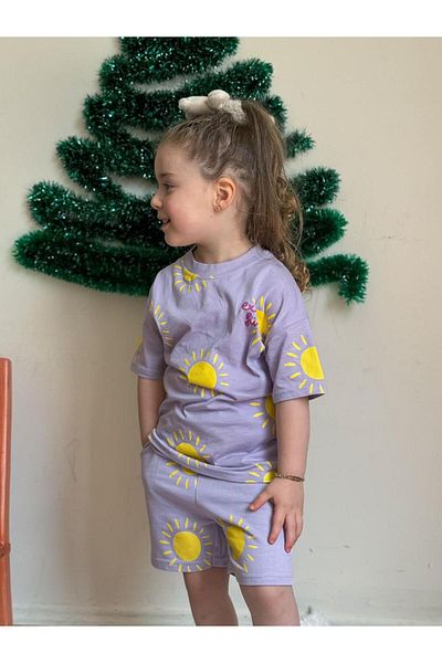 Nehirim Kids Girl's Summer Patterned and Printed T-Shirt and Elastic Waist Shorts Set with Pockets (2-3-4-5-6-7-8 Years)