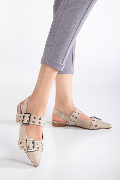 MS SUGAR SHOES Women's Faux Suede Belt Detailed Pointed Toe Ballerinas