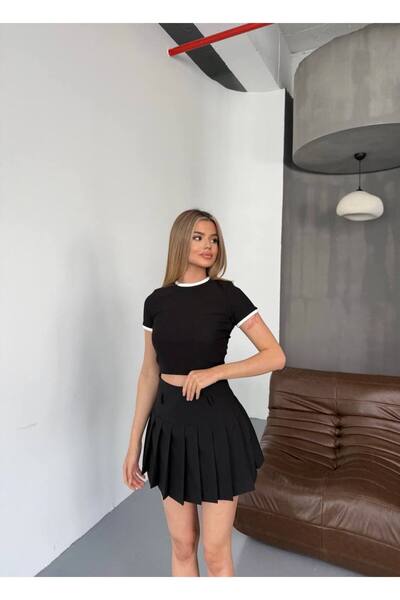 İLKCET MODA Γυναικεία Crop T-shirt Ottoman Piping