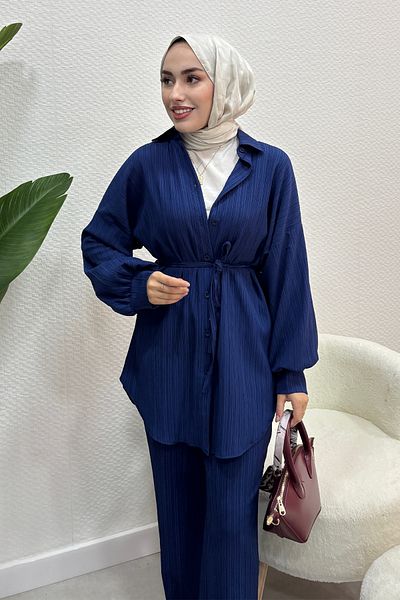 Tesettür Diyarı Women's Balloon Sleeve Lacing Detailed Double Suit-Navy Blue
