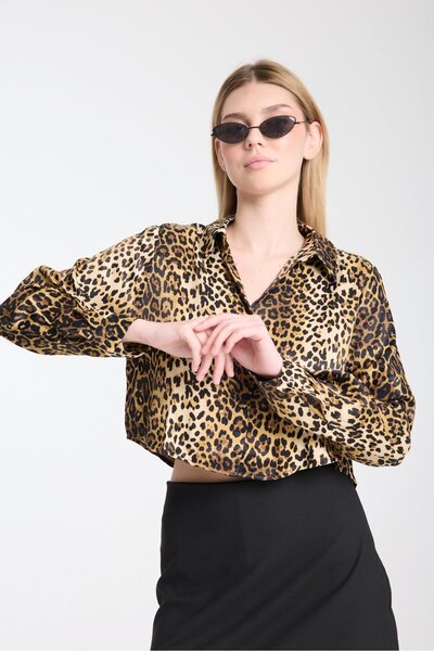 ohos Leopar desenli saten gömlek