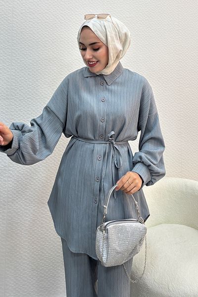 Tesettür Diyarı Women's Balloon Sleeve Lace Detailed Double Suit-Gray