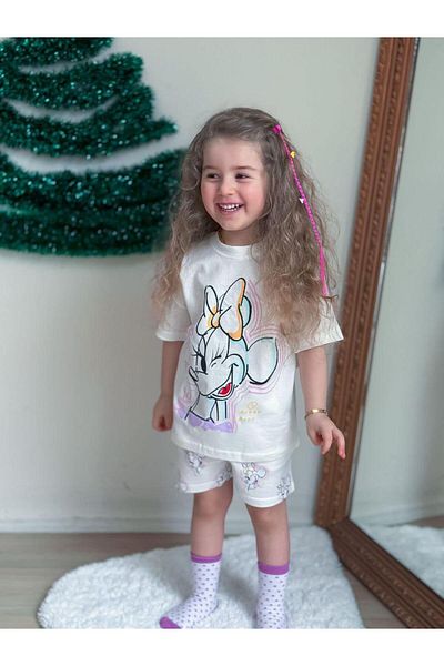Nehirim Kids Girl's Summer Patterned and Printed T-Shirt and Elastic Waist Shorts Set with Pockets (2-3-4-5-6-7-8 Years)