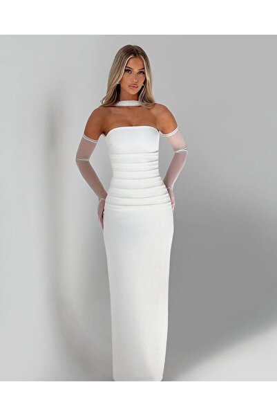 Diviny Rochie lungă, albă, fără bretele, cu mănuși și eșarfă