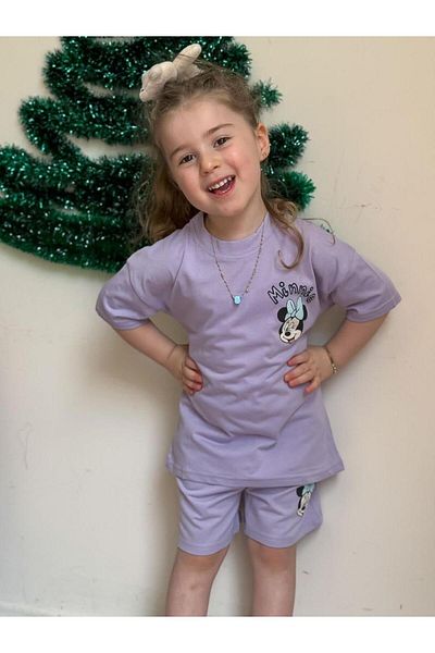 Nehirim Kids Girl's Summer Patterned and Printed T-Shirt and Elastic Waist Shorts Set with Pockets (2-3-4-5-6-7-8 Years)