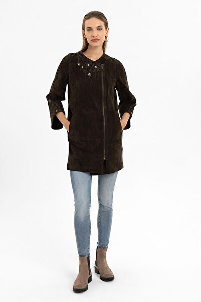 Deriderim Kado Kahve Çiçek Nakışlı Fermuarlı Astarlı Sıfır Yaka Kadın Hakiki Süet Deri Kaban