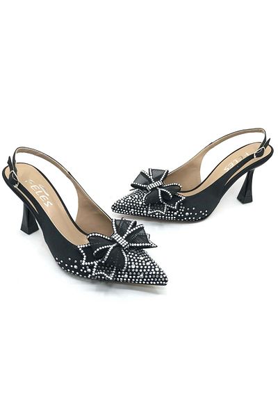 KOCAMANLAR Women's Stiletto Heeled Black Shoes Satin Ribbon