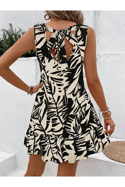 Monapera Back Tie Skirt Flounce Design Patterned Mini Sofia Dress
