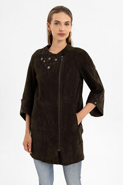 Deriderim Kado Brown Floral Embroidered Zippered Lined Crew Neck Women's Genuine Suede Leather Coat