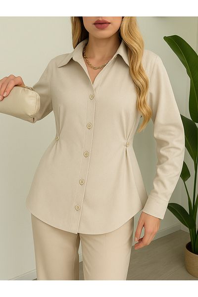 Modamorfo Poplin Shirt with Button Detail on the Sides - Stone