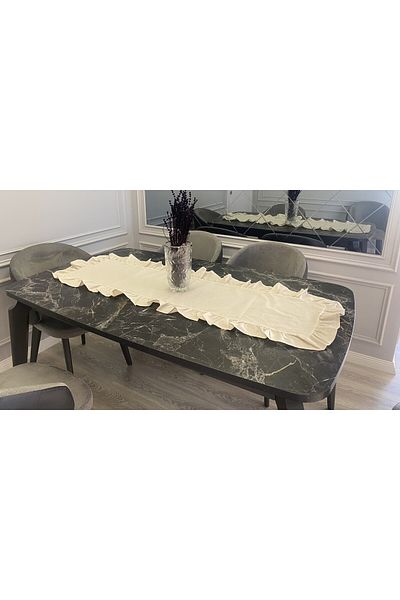 yok yok evim eve dair her şey Firfirli Runner Natural Hand Made Cotton Linen Effect 40X140