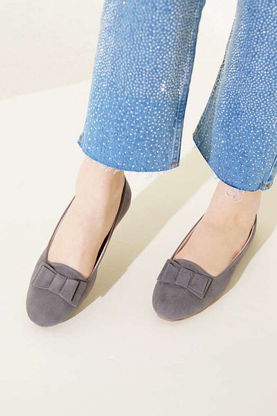 ALMİNA Shoes Bow Tie Detailed Gray Suede Ballerinas