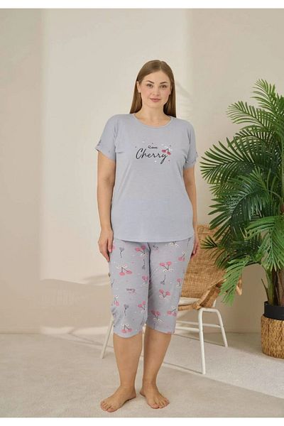 BAHHAR Women's Gray Oversize Pocketless Round Neck Short Sleeve Pajama Set