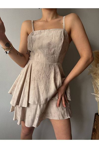 Fav Style Μπεζ Μίνι Φόρεμα Layered - Γυναικεία Ζαρτιέρες Πίσω Φούστα με λεπτομέρεια
