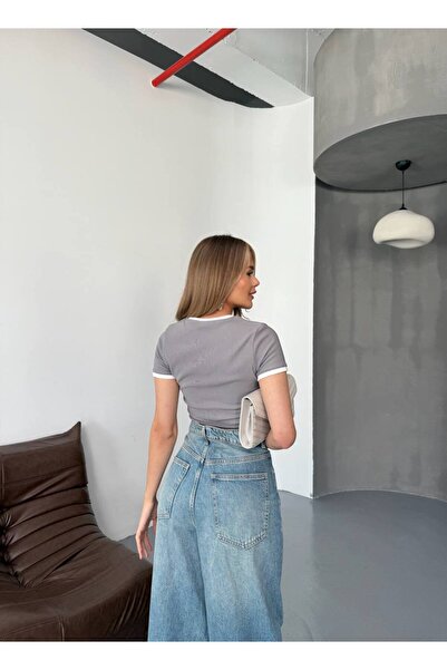 İLKCET MODA Γυναικείο Crop Tshirt Ottoman Piping