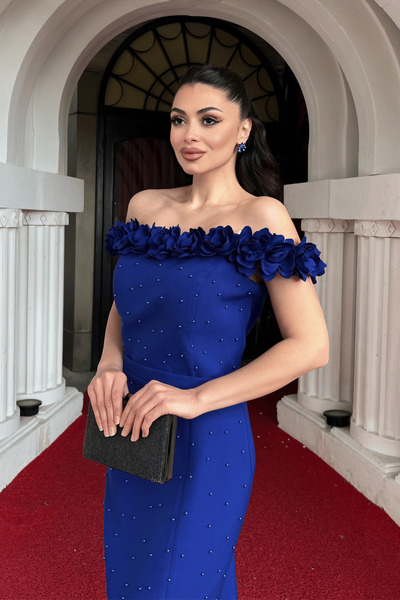 giyimmasalı Atlas Fabric Floral Pearl Detailed Pencil Dress - Sax Blue