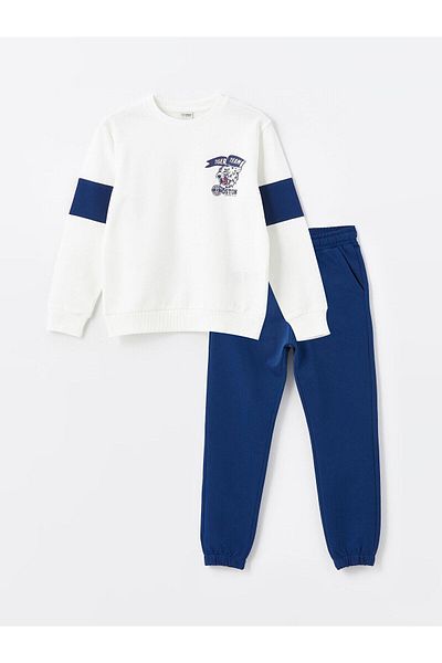 LC Waikiki Lcw Kids Ecru Crew Neck Printed Boys Tracksuit Set