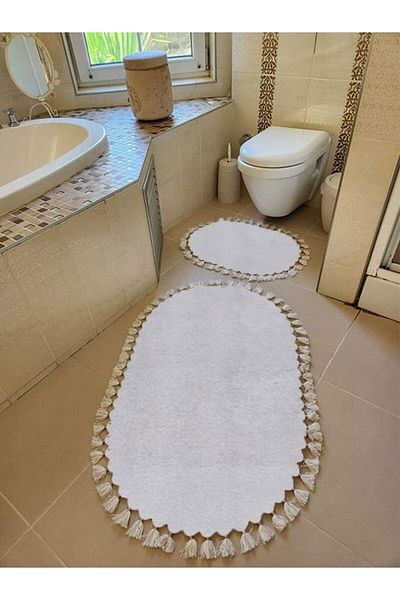Sarar Washable Fringed Non-Slip Dot Base Soft Plush Bath Mat Set of 2 60X100Ve50X60 Gray