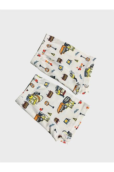 elmas kids Boy's 100% Cotton Cream Work Machine Patterned 2-Piece Boxers