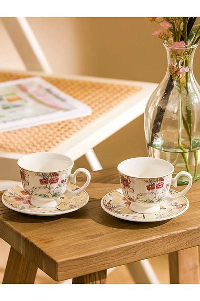 LC Waikiki Mixed Floral Printed Porcelain Coffee Set 90ml for 2 People Lcw Home
