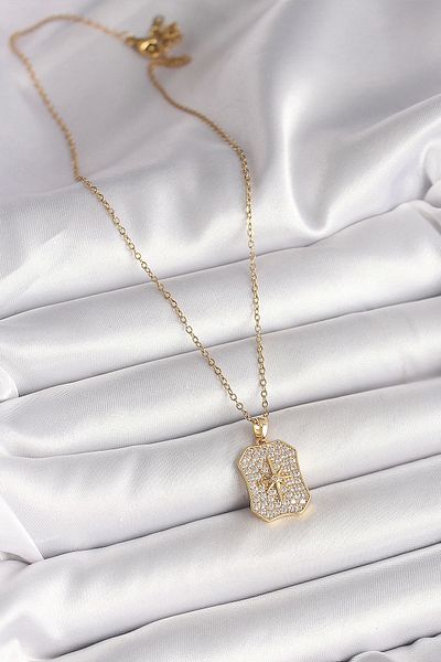 AfraBeauty 316L Steel Gold Color Chain Zircon Stone Pole Star Embroidered Medallion Model Women's Necklace