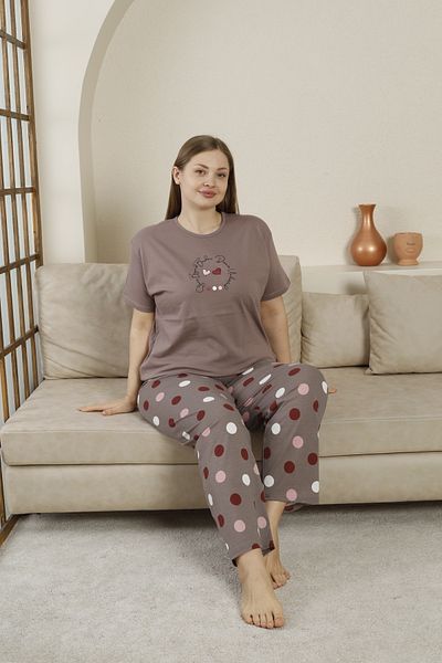 Defkay Cotton Short Sleeve Knitted Pajamas Set Large Size Brown
