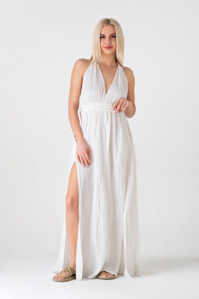 Fashion Showcase Φόρεμα Muslin Φόρεμα παραλίας με λεπτομέρεια πλεξίματος από φυσικό βαμβάκι - Λευκό