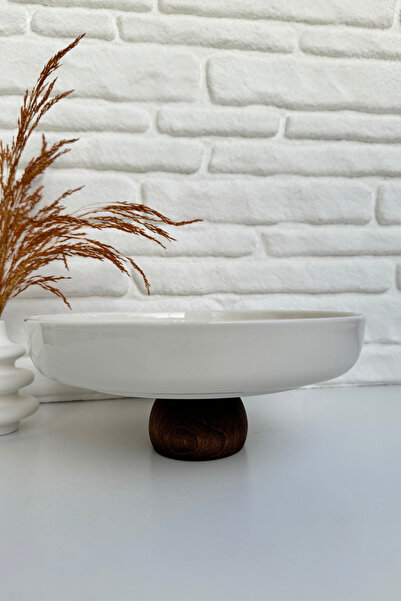 yeninesilevim Yuvarlak Ahşap Ayaklı Çukur Porselen Servis Tabağı Sunumluk Kas...