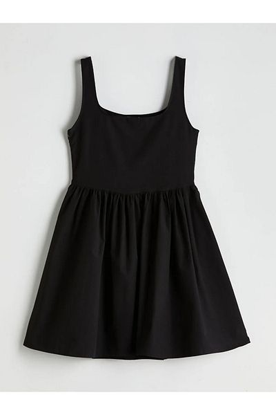 LC Waikiki Xside Black Square Neck Poplin Mini Dress