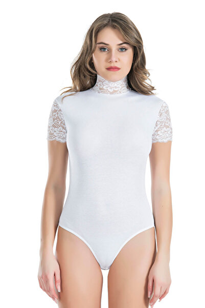 inkasole Lace Embroidered Half Sleeve Turtleneck Snap Fastener Body 330 White