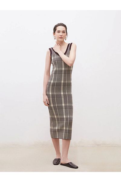 LC Waikiki Soulife Burgundy Crew Neck Plaid Knitwear Dress