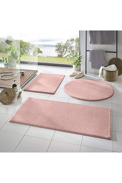 Sarar Dinarsu 3-Piece Plush Bath Mat Toilet Set Powder Color Non-Slip Base Washable