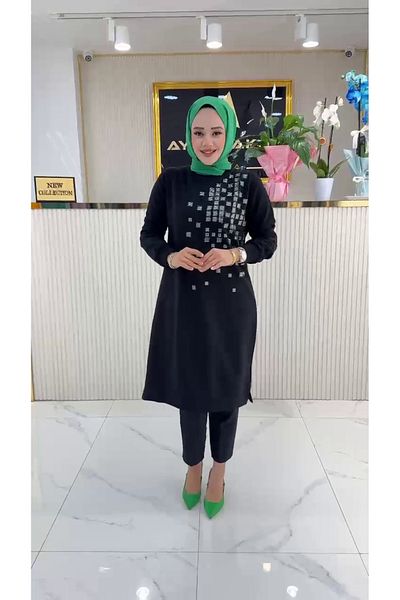 Zeynep Butik Ayşe Akay 100 cm Square Stone Pattern Tunic - Two Yarn Fabric 1655