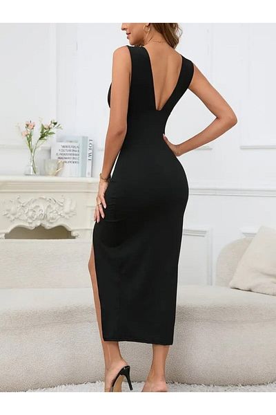 Monapera Strappy Deep V-Neck Backless Slit Dress