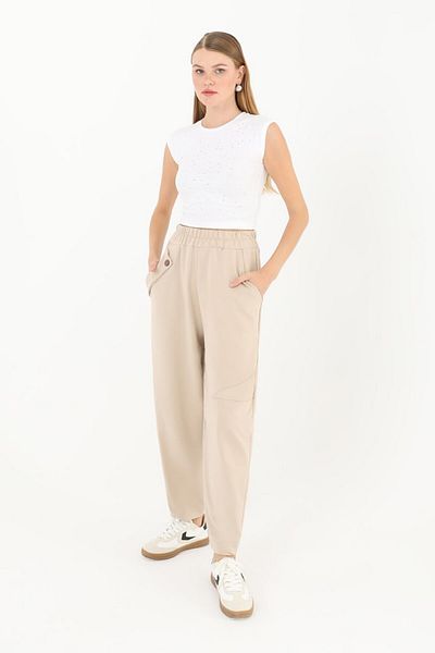 Puane Women's Button Detailed Carrot Soft Comfortable Fit Combed Cotton Trousers 181050