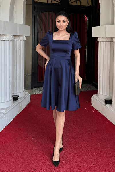 giyimmasalı Rochie mini cu maneca balon din tesatura satinata - ALBASTRU INCHIS