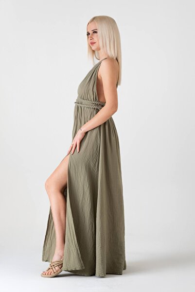 Fashion Showcase Muslin Dress Beach Dress with Knitted Detail Made from Natural Cotton - Green