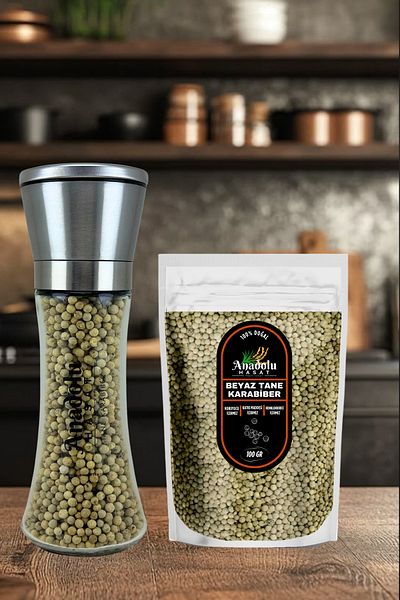ANADOLU HASAT White Grain Pepper 100Gr + Spice and Salt Grinder (Salt Mill) with Metal Ceramic Blade Full