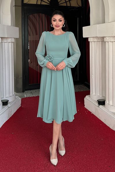 giyimmasalı Sifon Fabric Floral Detailed Midi Dress - Mint Green
