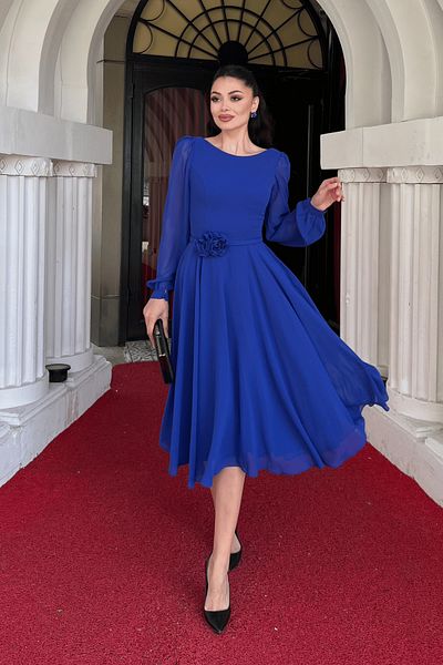 giyimmasalı Sifon Fabric Floral Detailed Midi Dress - Saks Blue